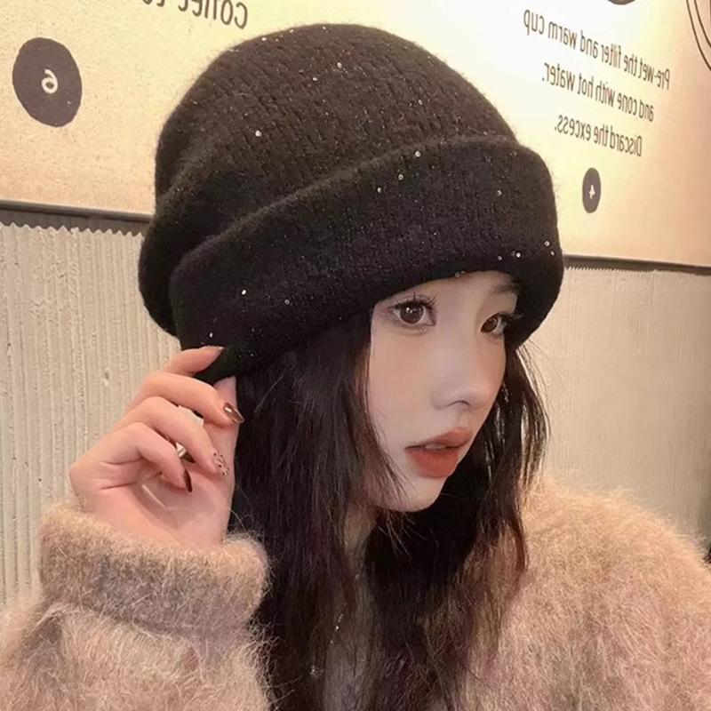 Autumn and Winter Lazy Style Sequins Thick Piles of Hats Korean Versatile Windproof and Warm Pull Out Hat Casual Face Showing Small Cold Hat