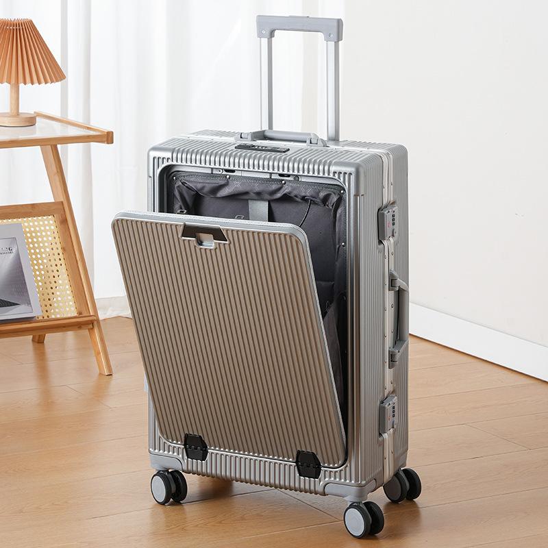 Front Opening Multifunctional Rolling Aluminum Frame Laptop Luggage with Spinner Wheels - Carry On Travel Suitcase with Combination Lock for Men Women