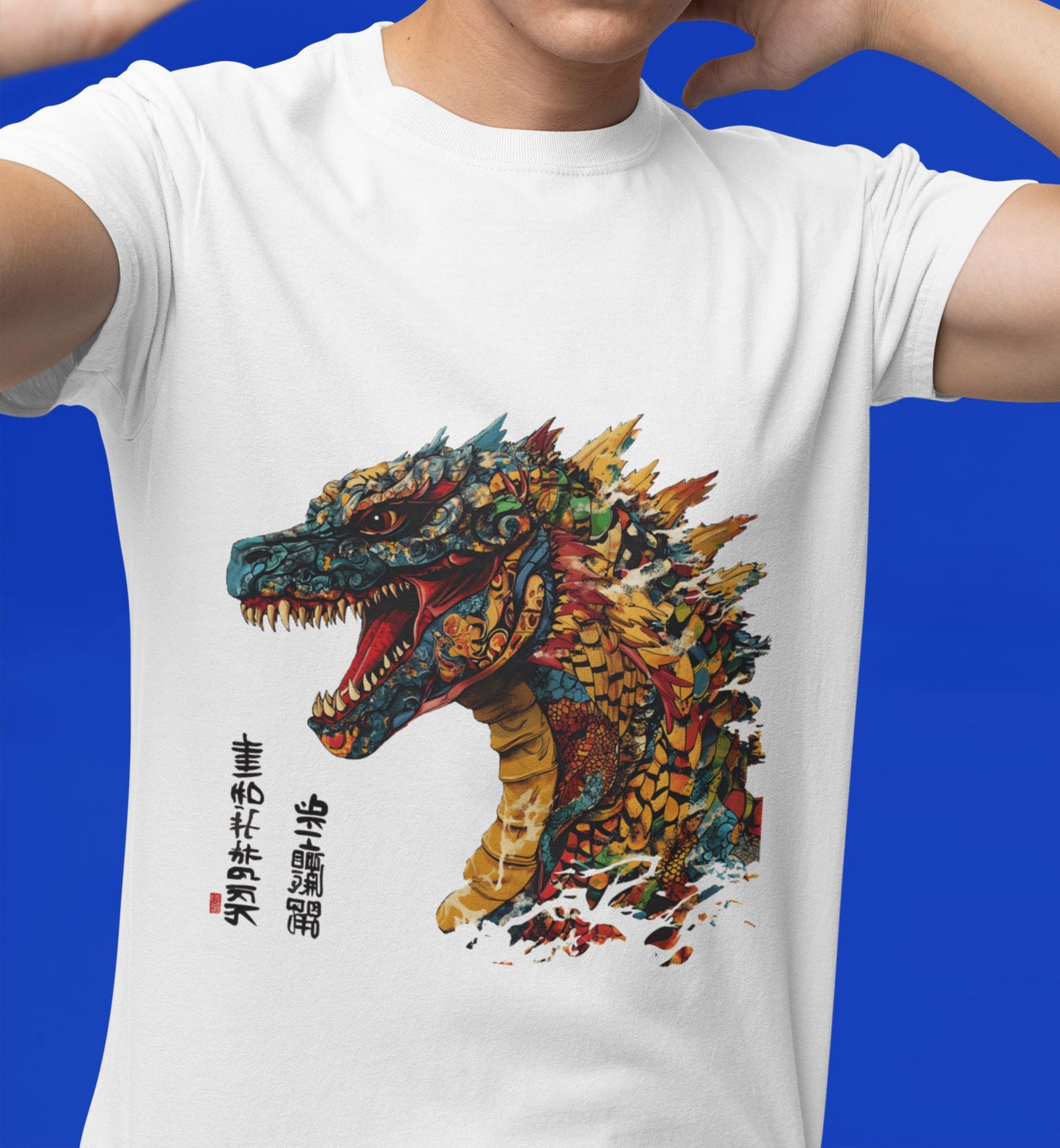 Geometric Godzilla T-Shirt: Multicolored Japanese Kanji Monster Tee 3XL