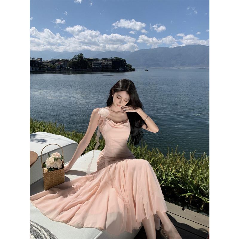 

Seaside Vacation Dress, Sexy Temperament, Big Halter, Pink Suspender Skirt, Women s Summer Waist and Thin Hip-wrapped Dress L рожевий