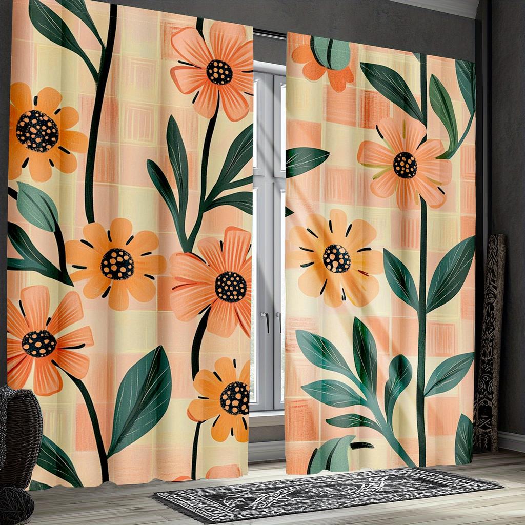 2er Set Orange-Blumen-Karomuster Vorhänge, Polyesterstoff, maschinenwaschbar, geeignet für Wohnzimmer-/Schlafzimmerdekoration
