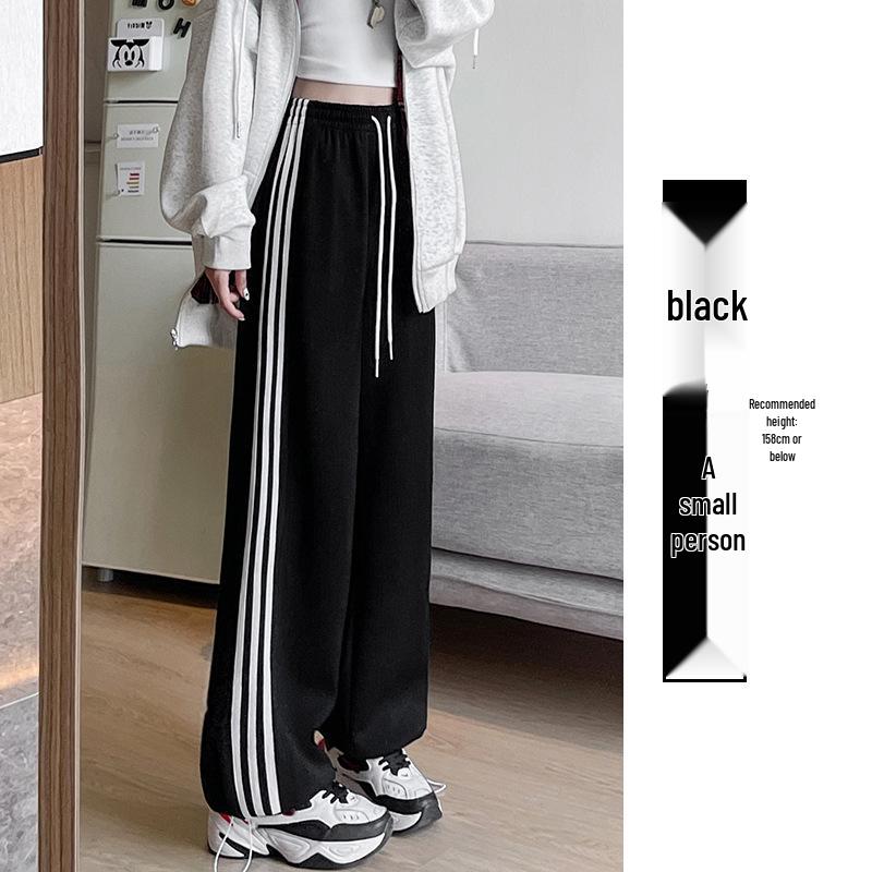 

Женские полосатые спортивные брюки широкого кроя бело-серого цвета - Осень/Зима 2025, Повседневные, Маленький рост, с тремя полосками и манжетами. XL (121-130 jin)