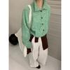 High-necked single-row wooden buckle plush knitted cardigan women's simple retro small fresh shoulder-plugged long-sleeved jacket