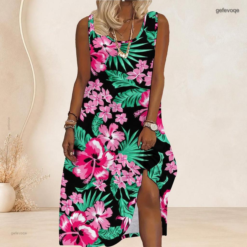 Women Plus Size Scoop Neck Sleeveless Orange Purple Floral Printed A Line Long Dress