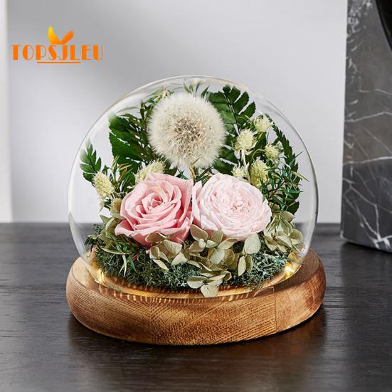 Capac din sticlă cu flori de păpădie veșnică, bază din lemn, cupolă din sticlă infinită păstrată de păpădie, soție iubita soție cadou de Ziua Îndrăgostiților