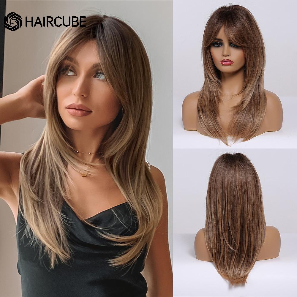 HAIRCUBE Dlouhé rovné syntetické paruky Hnědá Smíšená Bílá Vrstvené paruky pro černé ženy Cosplay paruky odolné vůči teplu