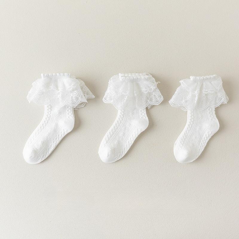 3 Pair/set White Lace Trim Girls Socks Pure Cotton Princess Socks for Kids Soft Beige Color School Lolita Calf Socks for Toddler