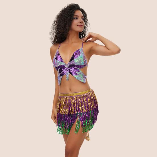 Magedansskjørt Lag Dusker Hofteskjerf med Paljetter Bohemsk Elastisk Midje Omslag Fest Klubb Indisk Latin Hula Danser Ytelseskjole for Kvinner