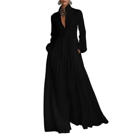 

Women Dress Stand Collar Long Sleeve Buttons Down Maxi Dress with Functional Pockets Pleated Flowy Hem Holiday S чёрный
