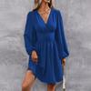 Women's Fashionable Solid Color V Neck Long Sleeved Pleated Versatile Dress