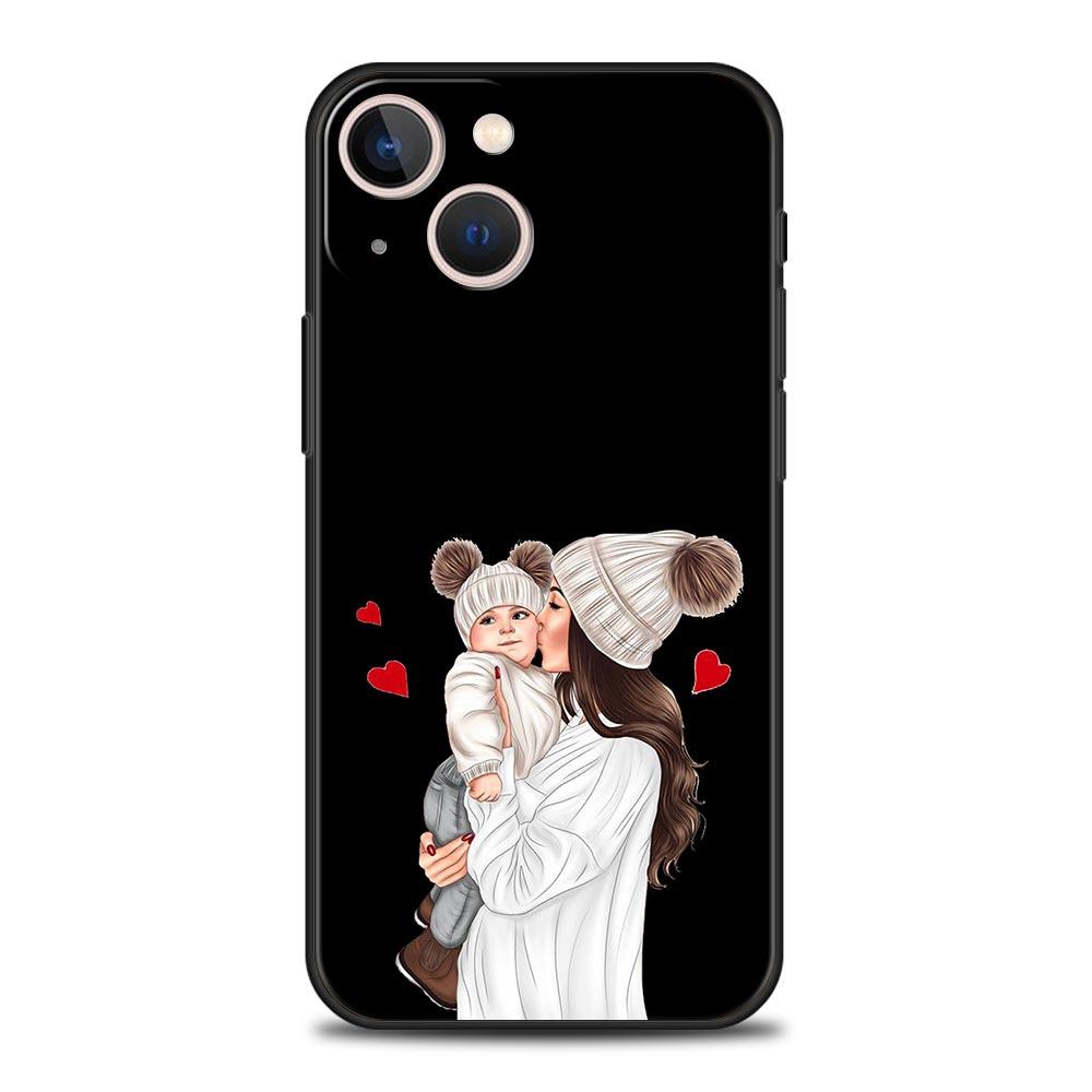Schwarz Braun Haar Baby Mama Mädchen Sohn Telefon Fall Für iPhone 13 15 14 12 Mini 11 Pro MAX XR X SE XS 7 8 Plus Silikon Schwarz Abdeckung