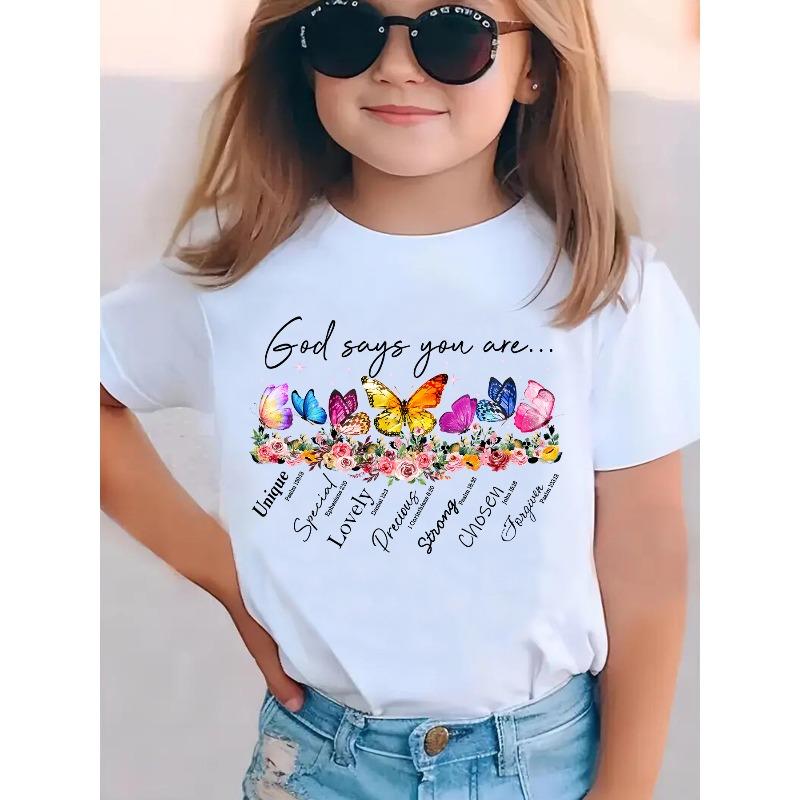 

European sizes Summer Fashion Girls Short-Sleeved T-Shirt, Letter Butterfly, Floral And Other Cartoon Pattern Print Casual Versatile Top 98cm белый