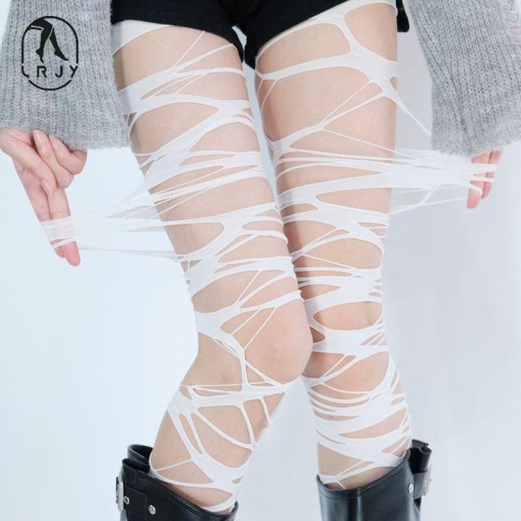 Punk Gothic Ripped Socks: Y2K Irregular Hollow-Out Leggings for Hot Girl Subculture