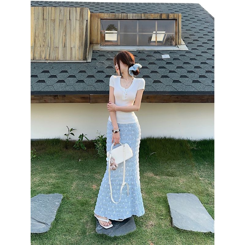 Kumikumi French style Gentle Set Slim fit Slimming Short sleeve T-shirt Women clothes Summer High Waist Hip Skirt Two-piece Set