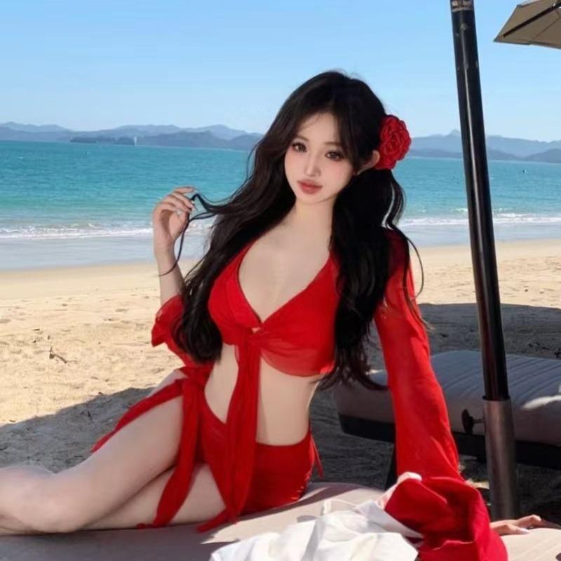 Mosricci Pure Lust Big Red White Sexy Bikini Four-piece Split Swimsuit Women's Long Sleeve Meat Cover Vacation