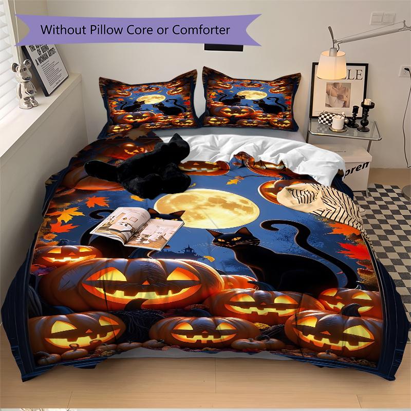 3Pcs Halloween Night Cats Bedding Set Soft Fabric Duvet Cover Pillowcases Home Christmas Xmas Halloween Gift 1 Duvet Cover 2 Pillowcase G1153