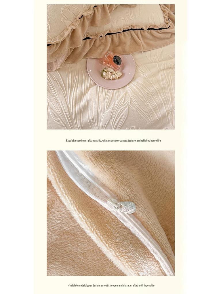 Luxury Carved Velvet Ribbon Lace Four-Piece Set: Double-Sided Fleece Duvet Cover for Cozy Home Warmth