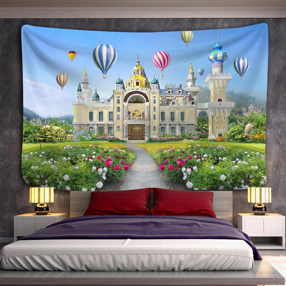 Hot Air Balloon Castle Tapestry Wall Hanging City Building Bohemian Bedspread Travel Mattress Bedroom Background Decor