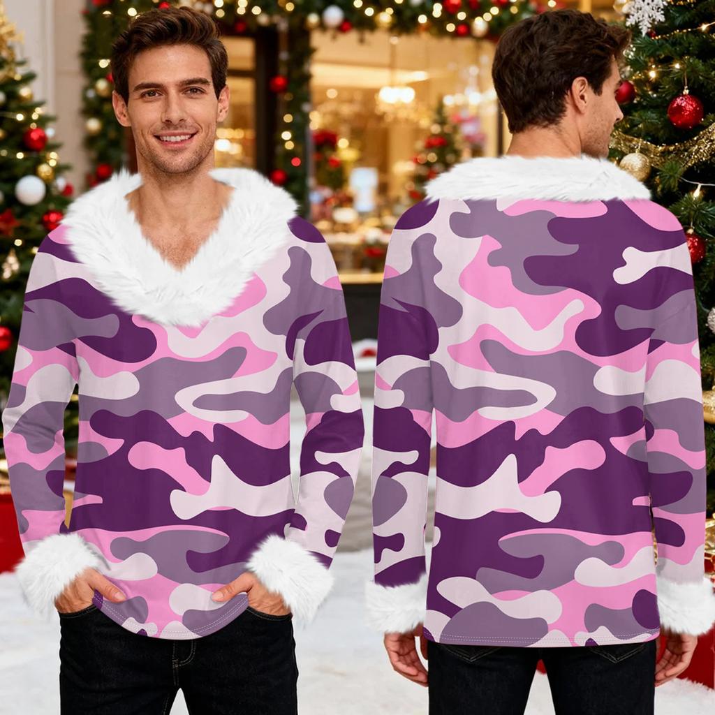 Men's Christmas Printed Fleece Lined Hoodie | Faux Trim Party Sweatshirt With Pocket | Plus Size Loose Fit Holiday Pullover