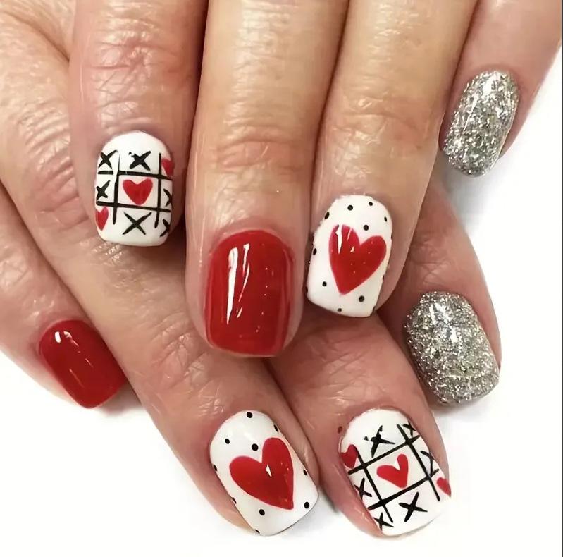 

24-Piece Heart Glitter Polka Dot Press-On Nail Set Black Jelly Glue + File (Shein)