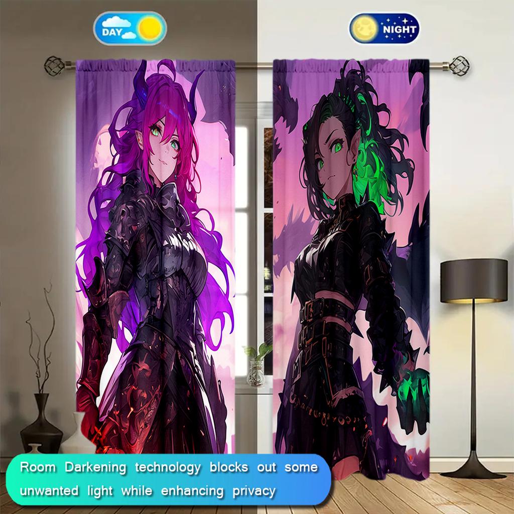 2 adet Anime Karakter Resimli Baskılı Perde Ev Dekorasyonu için - Çubuk Geçmeli Yatak Odası, Ofis, Mutfak için Pencere Perdesi