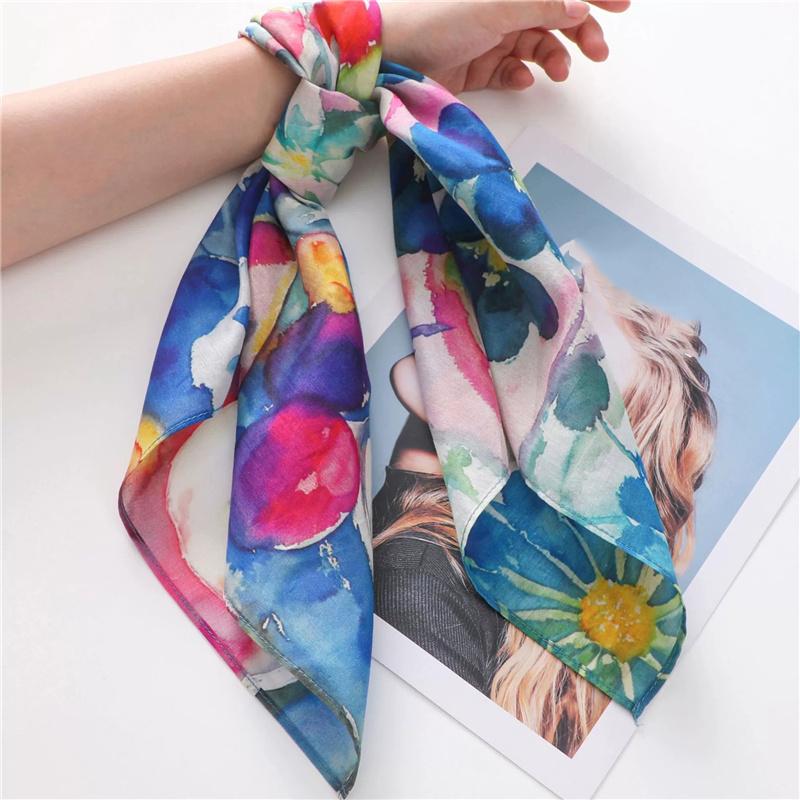 

68*68cm 30% Silk + 70% Cotton Scarf Romantic Floral Square Shawl Women Summer Head Wrap & Neck Scarf Light Luxury Gift 68*68CM