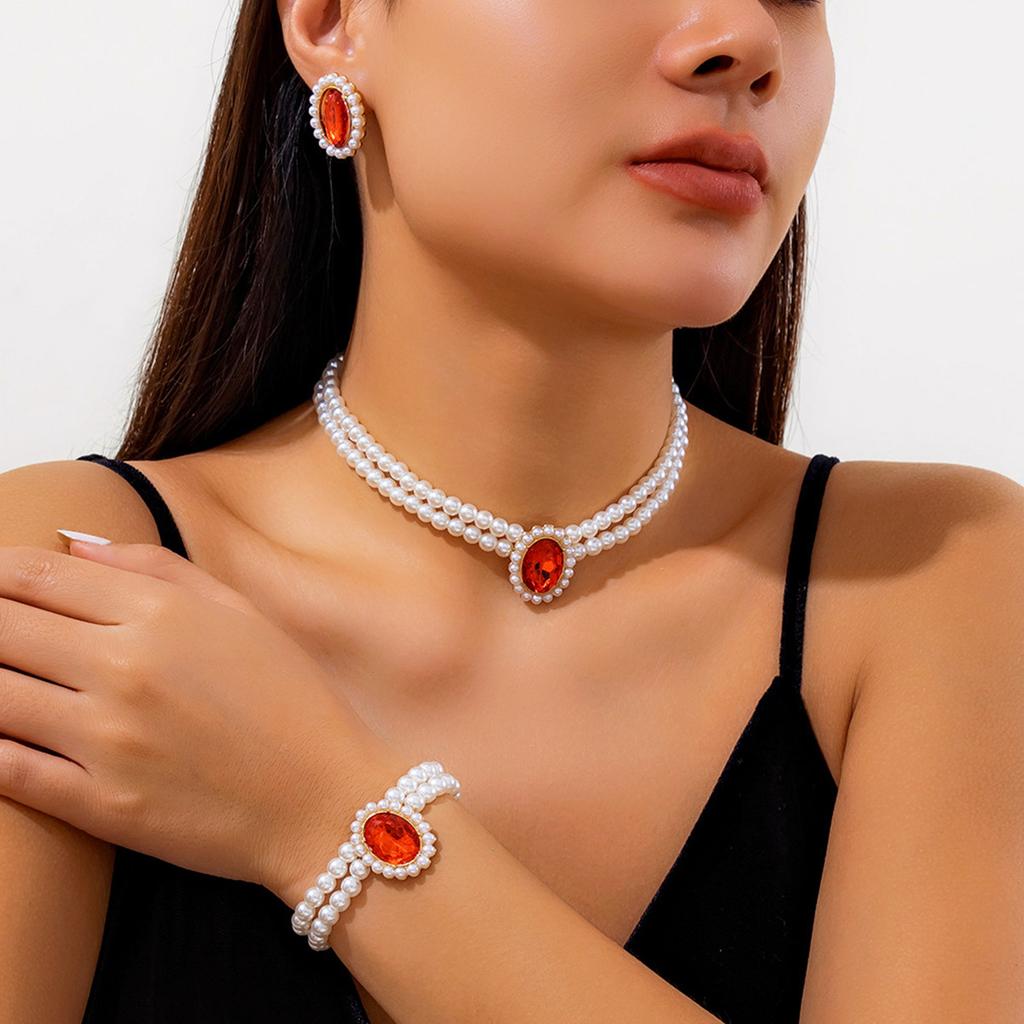 French Elegant Multi-Layer Imitation Pearl Necklace, Light Luxury Beaded Gemstone Necklace Set