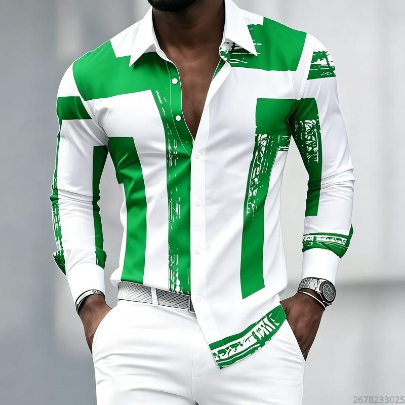 Men's Black and White Geometric Coarse Stripe Printed Long Sleeved Lapel Shirt, Retro Slim Fit Shirt, Trendy Casual Men's Top