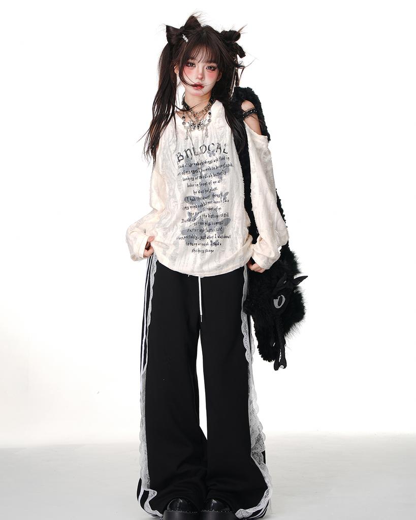 Punk Grunge trička pro ženy s odhalenými rameny Sexy krajka Gothic Y2k Streetwear Japonské roztrhané trička s dlouhým rukávem Harajuku