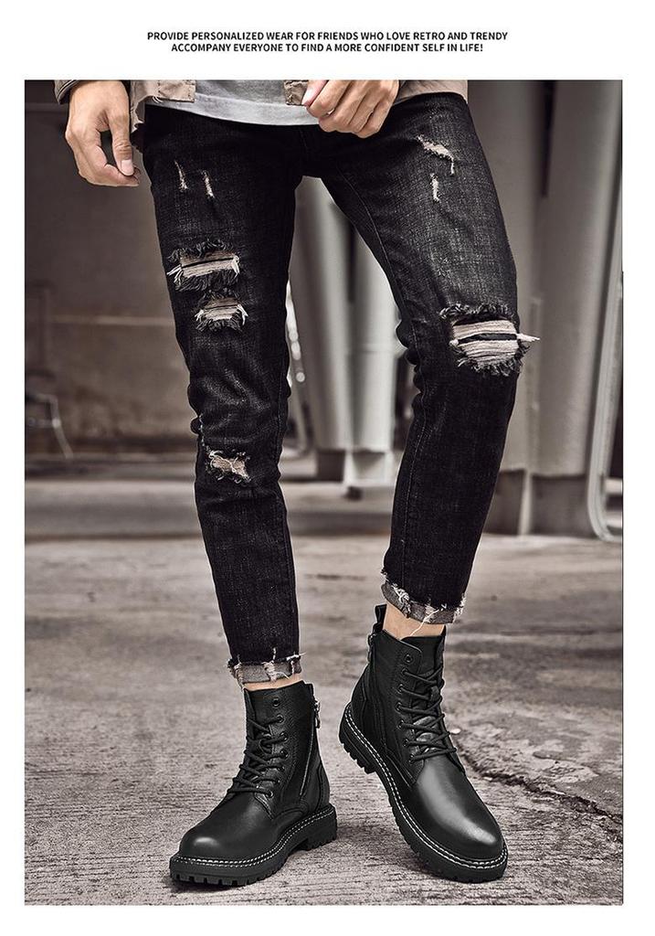 Men's Genuine Leather High-Top Snow Boots - Winter Velvet-Lined Martin Style