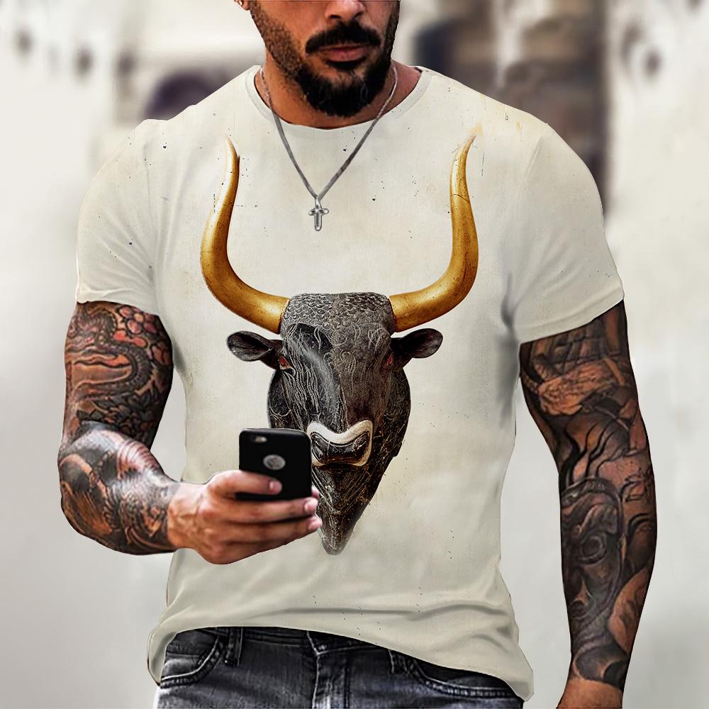 Summer Round Neck 3D Bull Pattern Print Top Fashionable Casual Short Sleeved Men's T-shirts