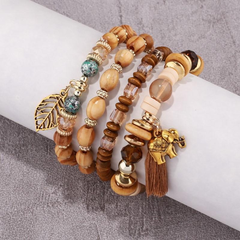 Wooden Tassel Bracelet For Men and Women 4PCS Retro Alloy Elephant Leaf Crystal Bracelet