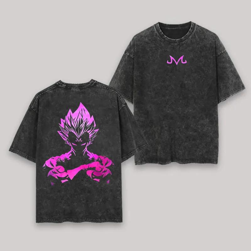 

Majin Vegeta T Shirt Men Acid Wash Oversized Anime Pink Purple Gradient M Badge Cotton Vintage Gym Streetwear Graphic Back Tee M