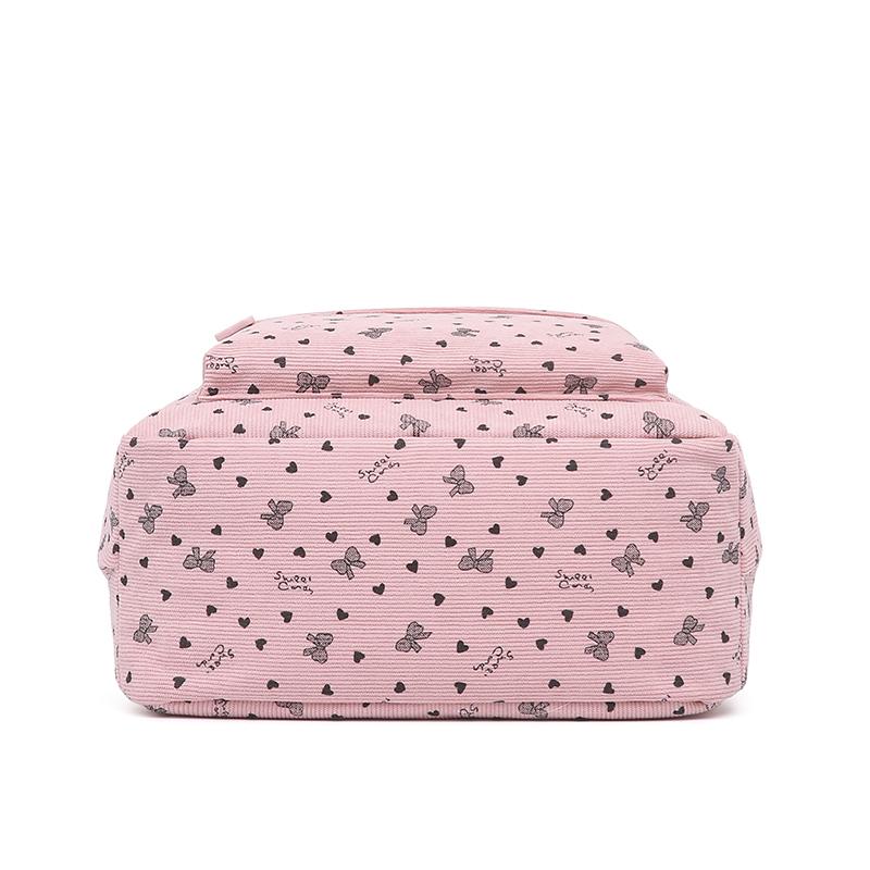 Three-Piece Backpack Set Bow Printed Corduroy Large Capacity Handbag Multi-Functional Backpack with Lunch Bag Pen Bag