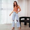 Knee ripped jeans women's high-waisted long wide-leg pants light-colored washed casual pants