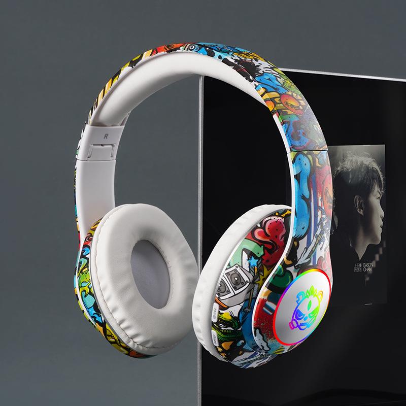 LED Luminous Cross-border Graffiti Bluetooth Gaming Headset with Wireless and Card Insert Features