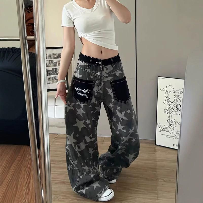 Womens Retro Hong Kong Style Denim Pants With Star Print Loose High-Waist Wide Leg Trousers