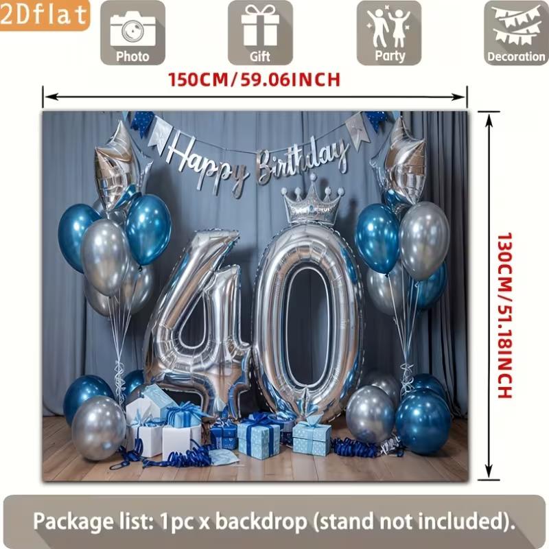 2D Blue Silver 40th Birthday Photography Backdrop Crown & Balloon Party Background