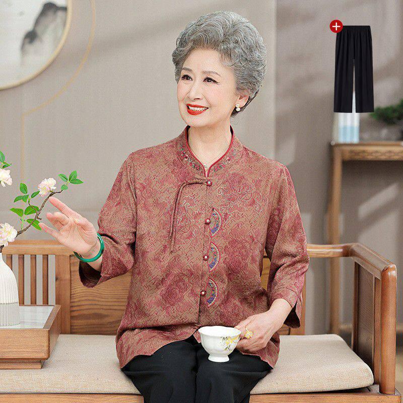 Women's Seven-Sleeve Spring-Autumn Shirt - Thin, Stylish Top for Middle-Aged & Elderly