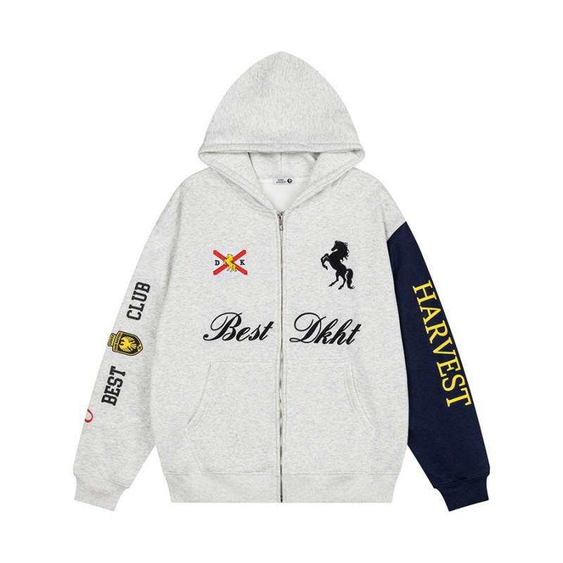 Womens Vintage Color Block Hooded Cardigan Embroidered Loose Fit Sweatshirt