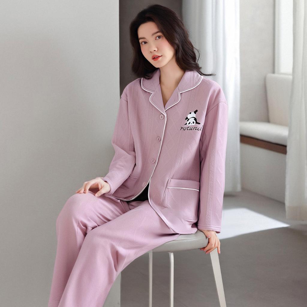 Air Cotton Sandwich Pajamas Women'S Autumn And Winter Pure Cotton Thickened Long-Sleeved Thermal Loungewear Set
