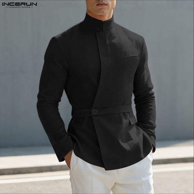 INCERUN Camicie Casual da Uomo con Collo Stretto, Manica Lunga, Bottoni Laterali