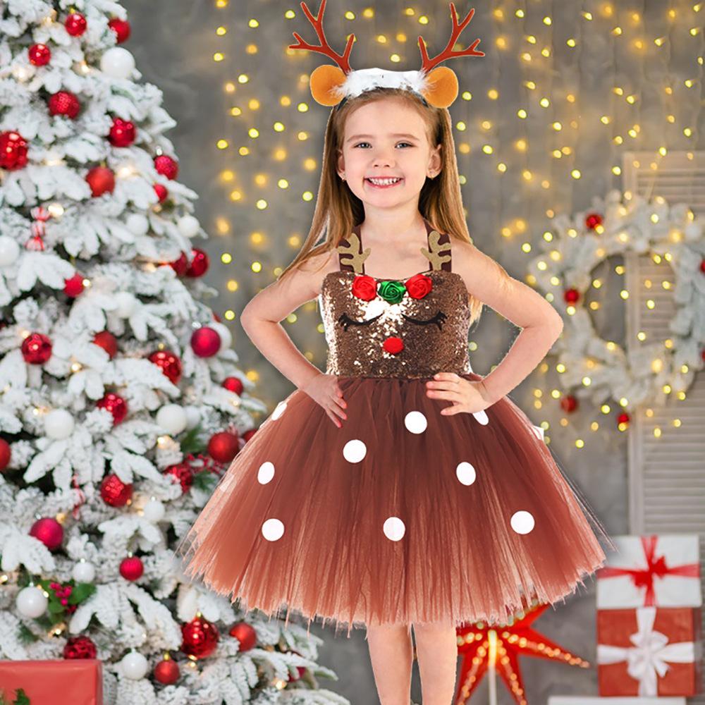 Brown Sequin Deer Costumes for Girls Christmas Princess Dresses Kids Reindeer Cosplay Outfit Children New Year Clothes Xmas Gift