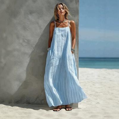 Damen Spaghettiträger Maxikleid Blau Vertikaler Streifen Seitentaschen Strandurlaubskleid