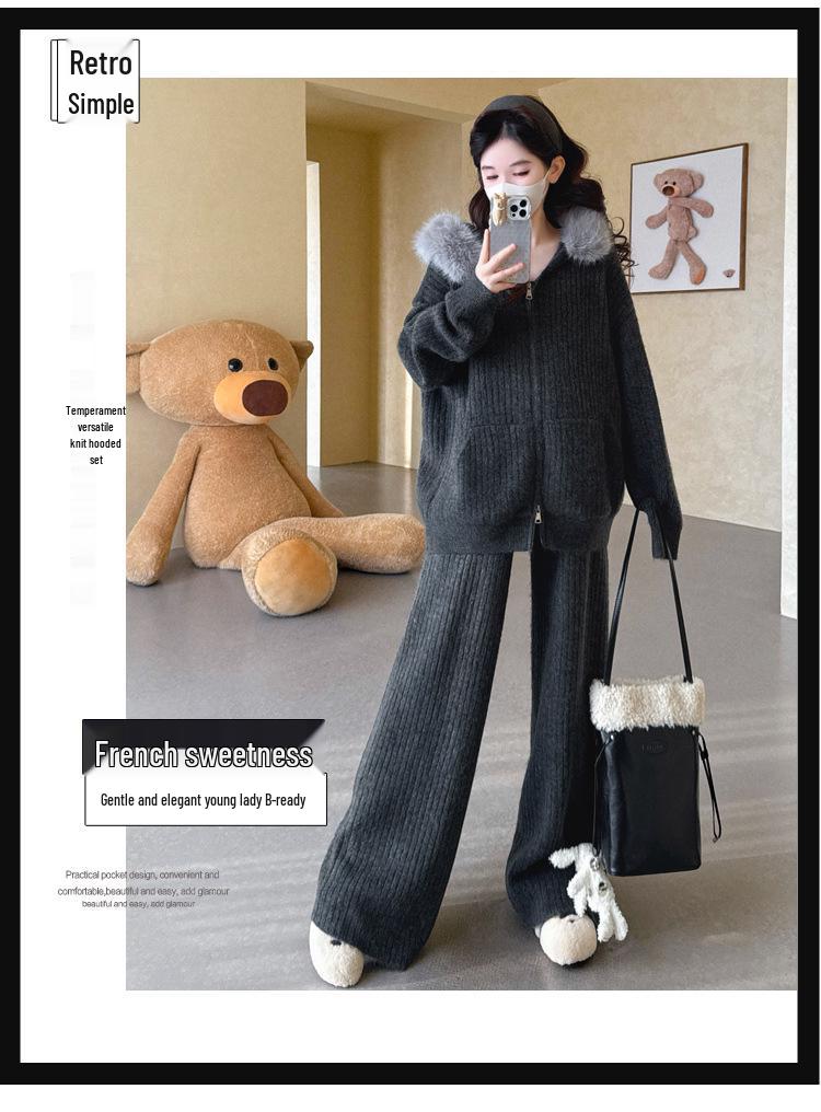 Autumn/Winter Ribbed Zipper Hoodie & Wide-Leg Pants Maternity Set