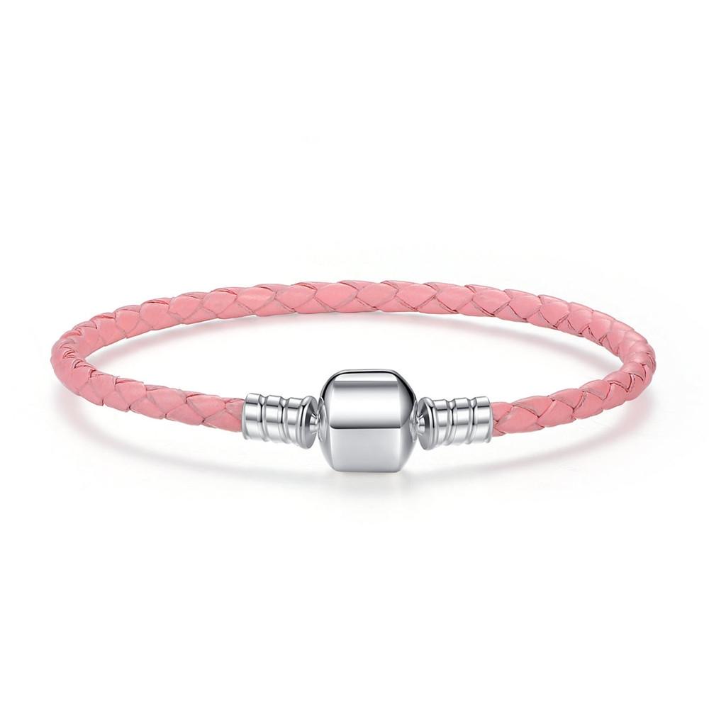 

BAMOER Genuine Long Double Pink Black Braided Leather Chain Women Bracelets with 925 Silver Snake Clasp PAS908 18cm Length