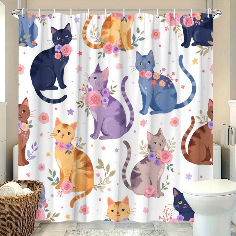 Whimsical Cats & Floral Shower Curtain - Playful Feline Design, Pink Purple Roses & Stars, Durable Polyester,Machine Washable