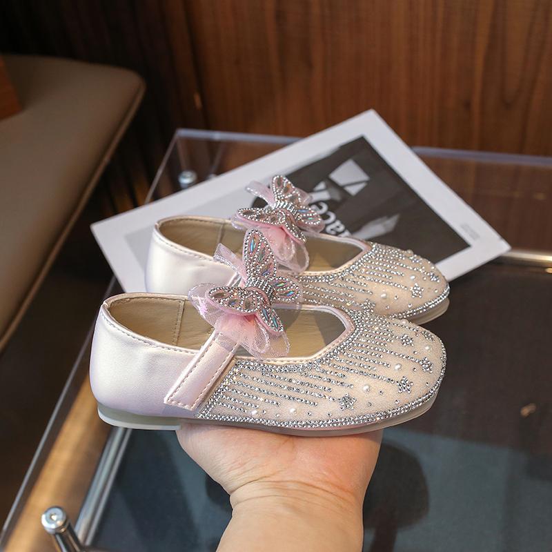 Girls Mary Janes for Party Wedding Shows Cute Children Fashion Butterfly 2024 New Rhinestones Elegant Princess Flats Korean Wind