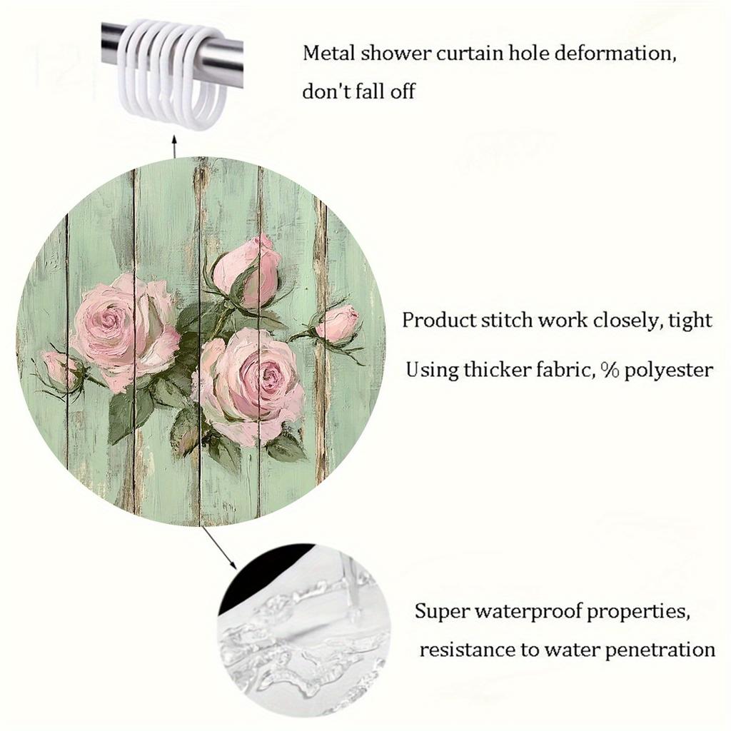1Pcs Vintage Rose Digital Print Shower Curtain, Polyester With Hook, Woven, Fashion Bathroom Decor, Four Seasons Curtain