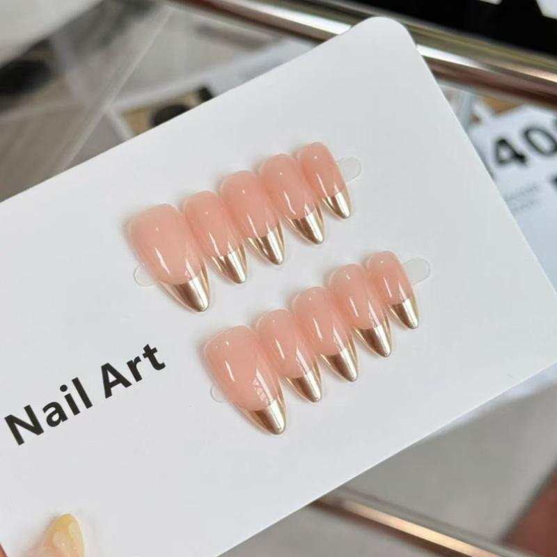 10Pcs Nude Pink Press On Nails - Gold Tip French Fake Nails XS